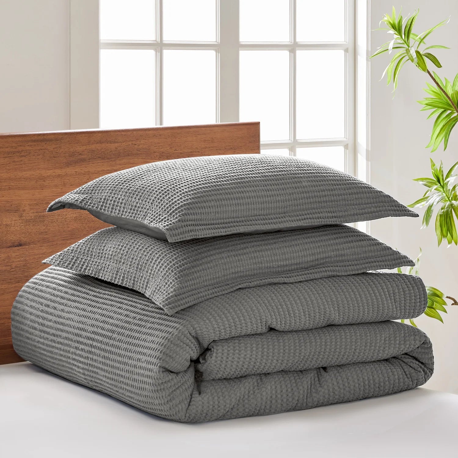 Cloud Waffle 100% Cotton Duvet Cover Set 3PC - Grey - Quahog Bay Bedding
