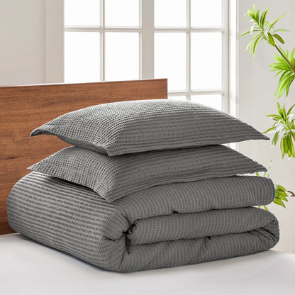 Cloud Waffle 100% Cotton Duvet Cover Set 3PC - Grey - Quahog Bay Bedding