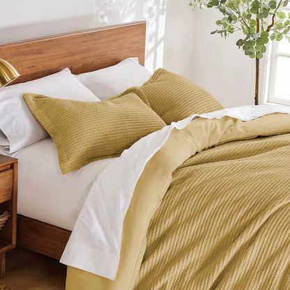 Cloud Waffle 100% Cotton Duvet Cover Set 3PC - Ochre - Quahog Bay Bedding