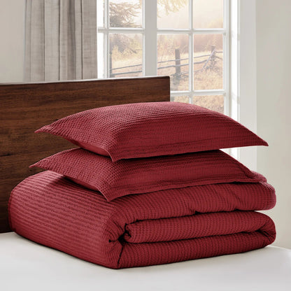 Cloud Waffle 100% Cotton Duvet Cover Set 3PC - Red - Quahog Bay Bedding