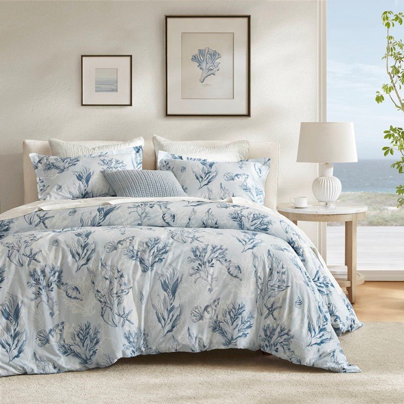Coastal Blue Botanical Duvet Cover Set 100% Cotton Sateen Duvet Set - Quahog Bay Bedding