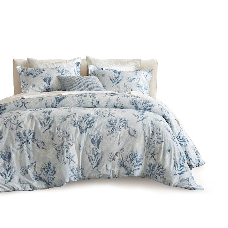 Coastal Blue Botanical Duvet Cover Set 100% Cotton Sateen Duvet Set - Quahog Bay Bedding