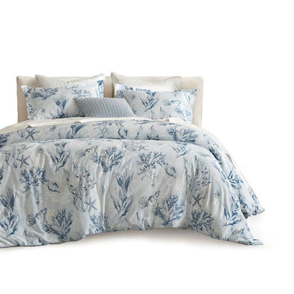 Coastal Blue Botanical Duvet Cover Set 100% Cotton Sateen Duvet Set - Quahog Bay Bedding