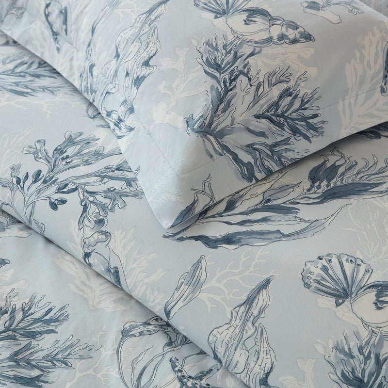 Coastal Blue Botanical Duvet Cover Set 100% Cotton Sateen Duvet Set - Quahog Bay Bedding
