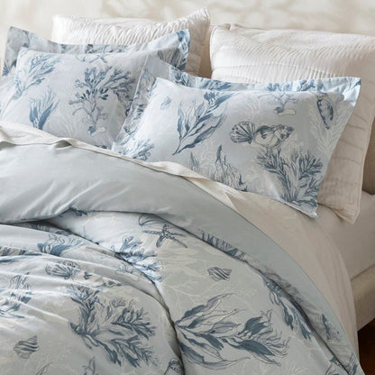 Coastal Blue Botanical Duvet Cover Set 100% Cotton Sateen Duvet Set - Quahog Bay Bedding