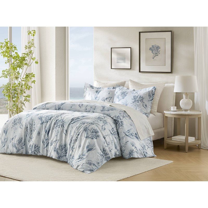 Coastal Blue Botanical Duvet Cover Set 100% Cotton Sateen Duvet Set - Quahog Bay Bedding