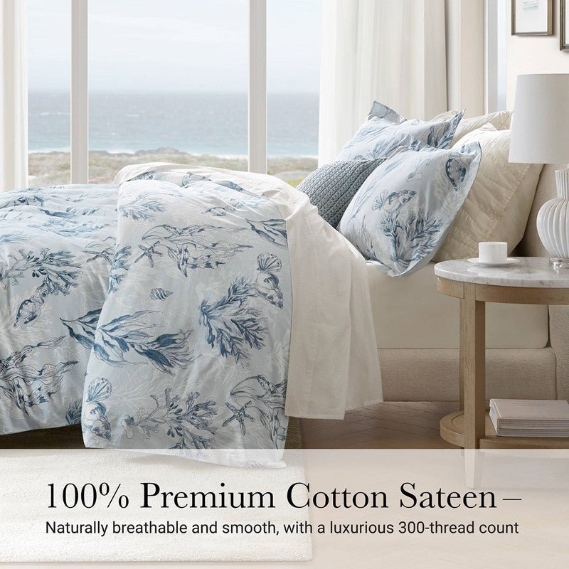Coastal Blue Botanical Duvet Cover Set 100% Cotton Sateen Duvet Set - Quahog Bay Bedding