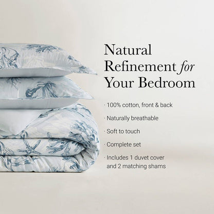 Coastal Blue Botanical Duvet Cover Set 100% Cotton Sateen Duvet Set - Quahog Bay Bedding