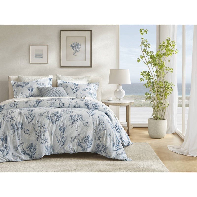 Coastal Blue Botanical Duvet Cover Set 100% Cotton Sateen Duvet Set - Quahog Bay Bedding