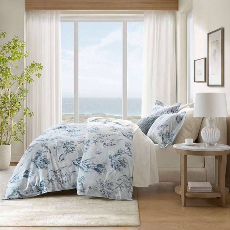Coastal Blue Botanical Duvet Cover Set 100% Cotton Sateen Duvet Set - Quahog Bay Bedding