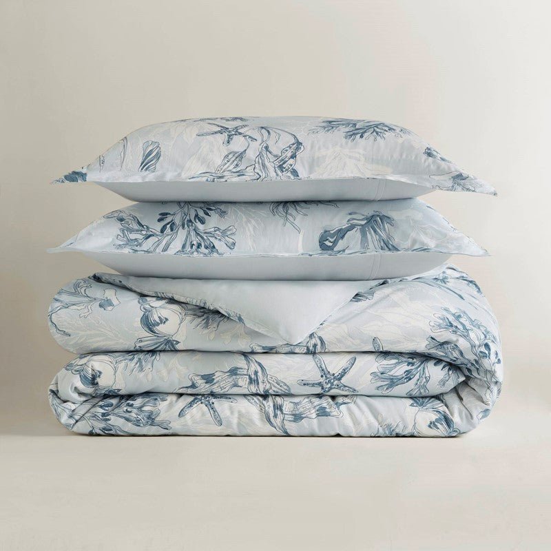 Coastal Blue Botanical Duvet Cover Set 100% Cotton Sateen Duvet Set - Quahog Bay Bedding