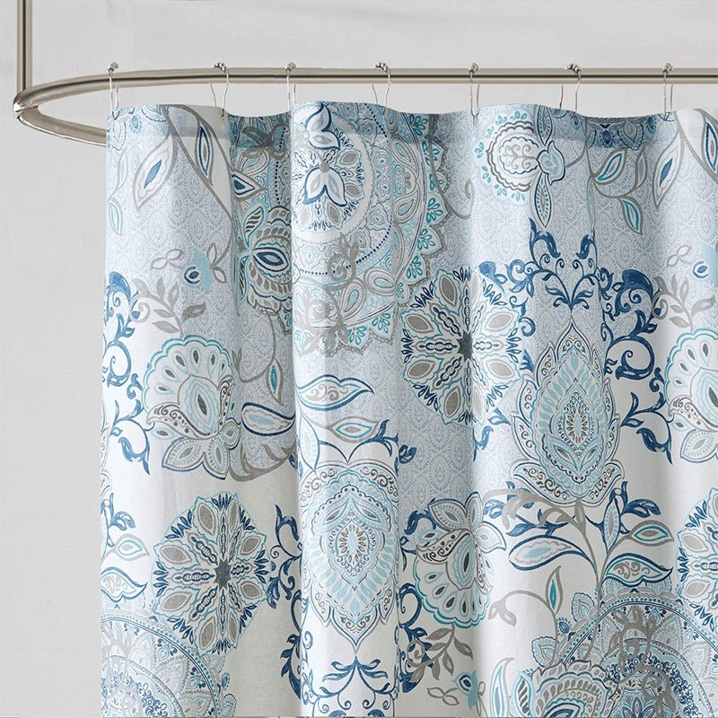 Coastal Blue Isla Printed Cotton Shower Curtain - Coastal Shower Curtains - Quahog Bay Bedding