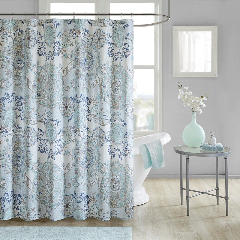 Coastal Blue Isla Printed Cotton Shower Curtain - Coastal Shower Curtains - Quahog Bay Bedding