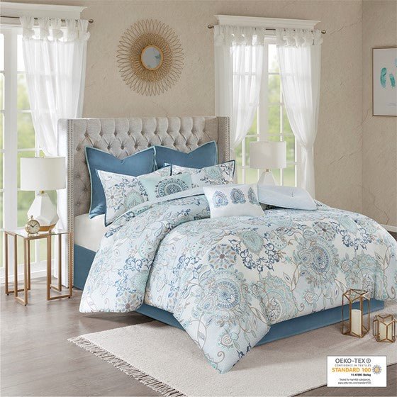 Madison Park Isla Coastal Blue Medallion Cotton Comforter Set 8PCS - Quahog Bay Bedding