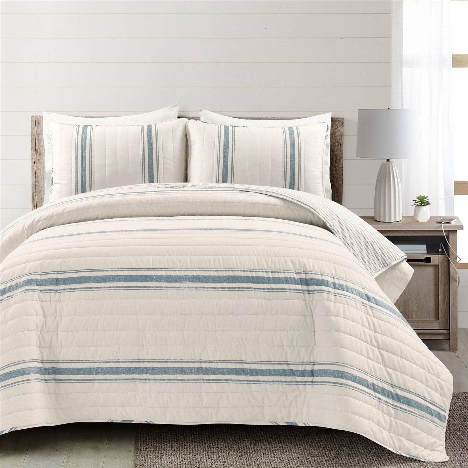 Coastal Blue Off - White Cream Stripe 3 Piece Reversible Cotton Quilt Set - King - Quahog Bay Bedding