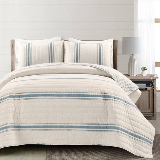 Coastal Blue Off - White Cream Stripe 3 Piece Reversible Cotton Quilt Set - King - Quahog Bay Bedding