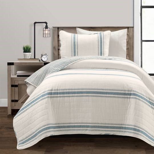 Coastal Blue Off - White Stripe 2 Piece Reversible Cotton Quilt Set - Twin/Twin XL - Quahog Bay Bedding