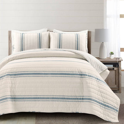 Coastal Blue Off - White Stripe 3 Piece Reversible Cotton Quilt Set - Full/Queen - Quahog Bay Bedding