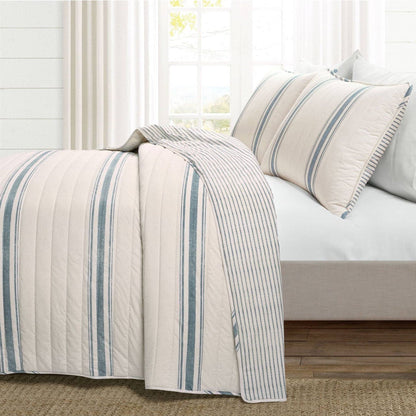 Coastal Blue Off - White Stripe 3 Piece Reversible Cotton Quilt Set - Full/Queen - Quahog Bay Bedding