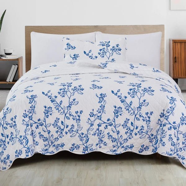 Coastal Floral Blue And White Quilt Set With Scalloped Edges - Lightweight Microfiber - Quahog Bay Bedding