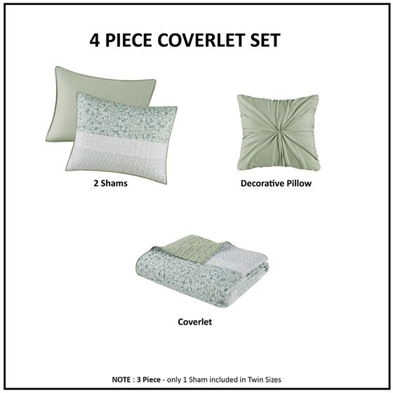 Madison Park Coastal Shabby Chic Seersucker Floral 4PC Quilt Set - Green, Yellow & White Hues - Quahog Bay Bedding