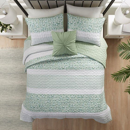 Madison Park Coastal Shabby Chic Seersucker Floral 4PC Quilt Set - Green, Yellow & White Hues - Quahog Bay Bedding