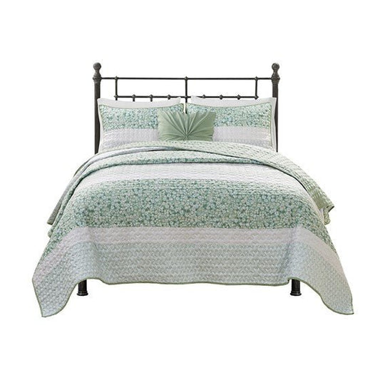 Madison Park Coastal Shabby Chic Seersucker Floral 4PC Quilt Set - Green, Yellow & White Hues - Quahog Bay Bedding