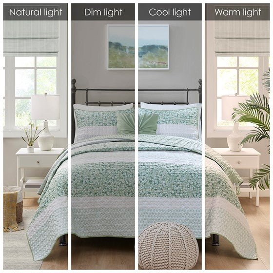 Madison Park Coastal Shabby Chic Seersucker Floral 4PC Quilt Set - Green, Yellow & White Hues - Quahog Bay Bedding
