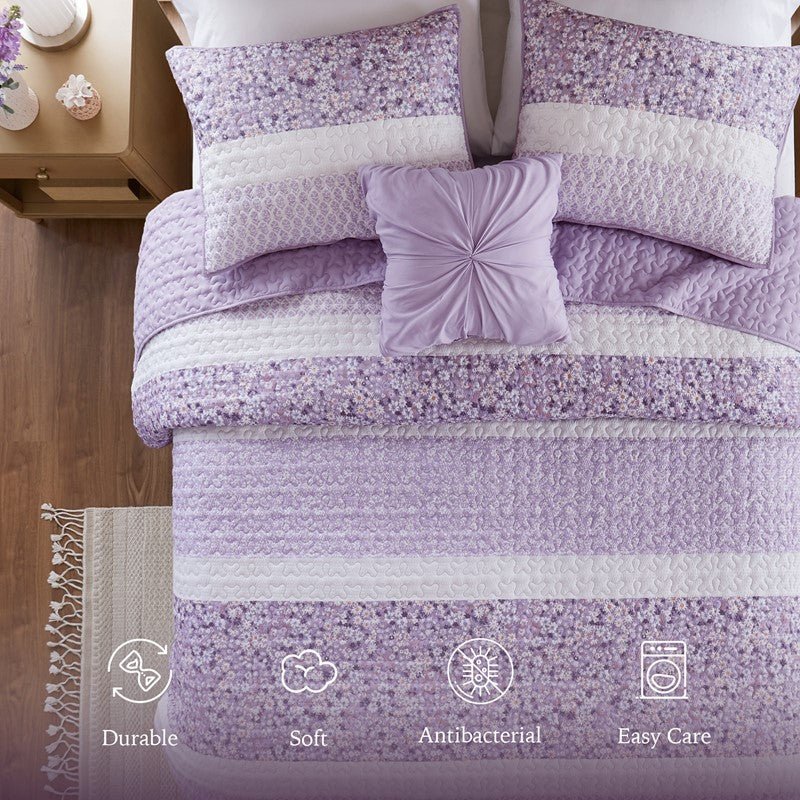 Coastal Floral Quilt Set - Shabby Chic Seersucker - Purple - Quahog Bay Bedding