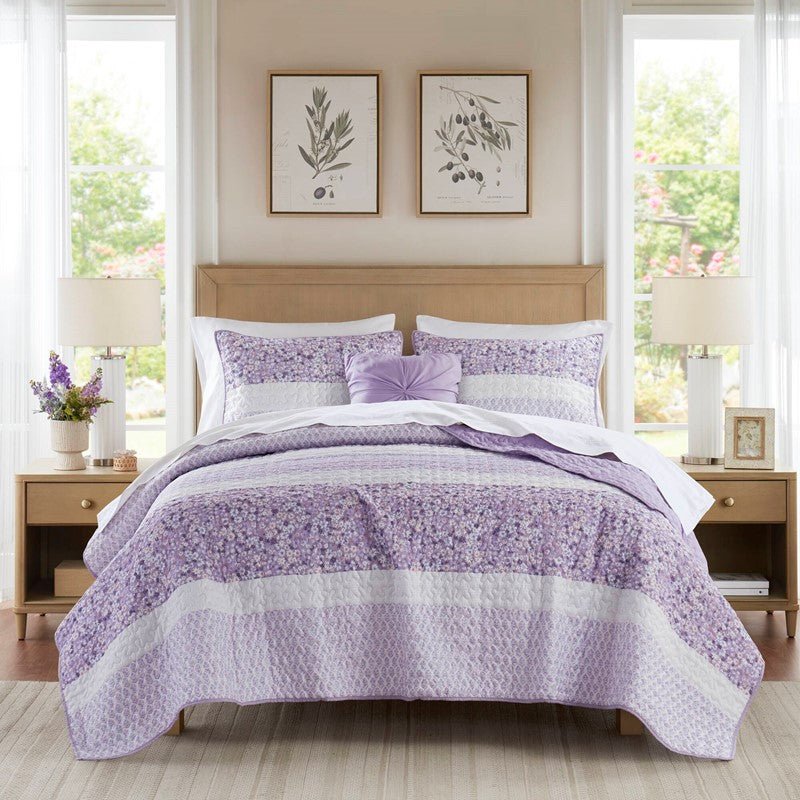Coastal Floral Quilt Set - Shabby Chic Seersucker - Purple - Quahog Bay Bedding