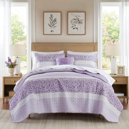 Coastal Floral Quilt Set - Shabby Chic Seersucker - Purple - Quahog Bay Bedding