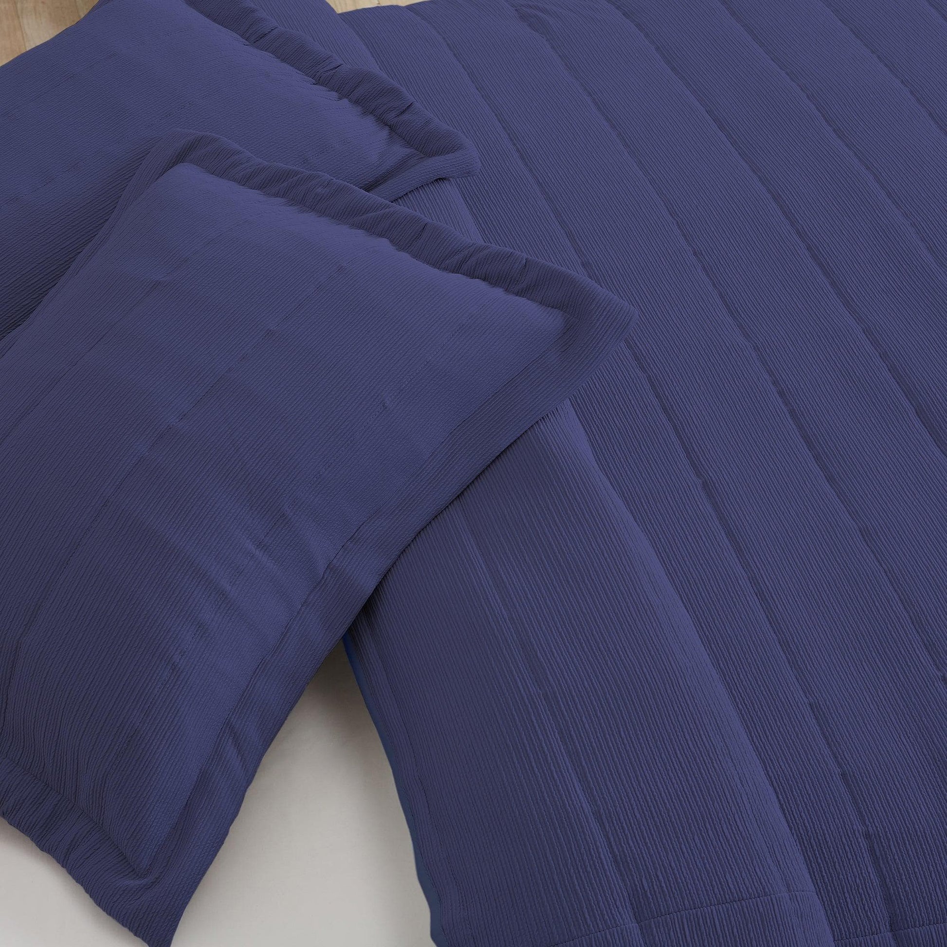 Coastal & Nautical Textured Striped Quilt Set - White, Light Grey & Navy - Quahog Bay Bedding