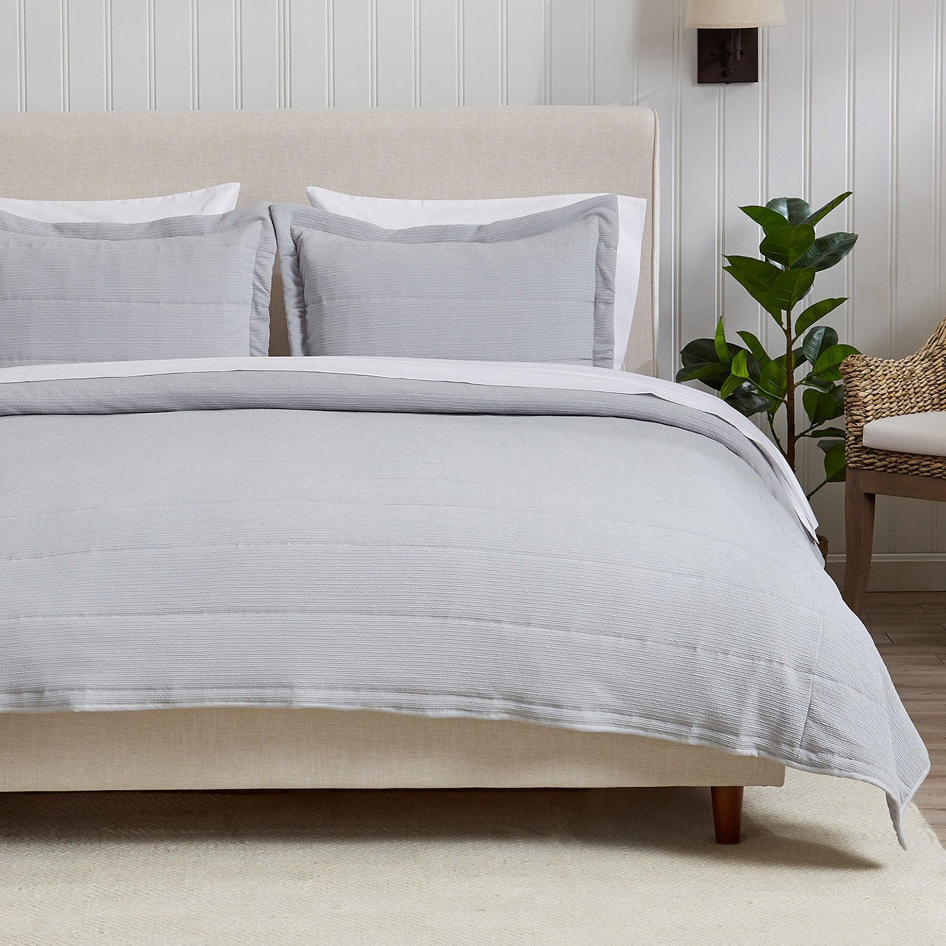Coastal & Nautical Textured Striped Quilt Set - White, Light Grey & Navy - Quahog Bay Bedding