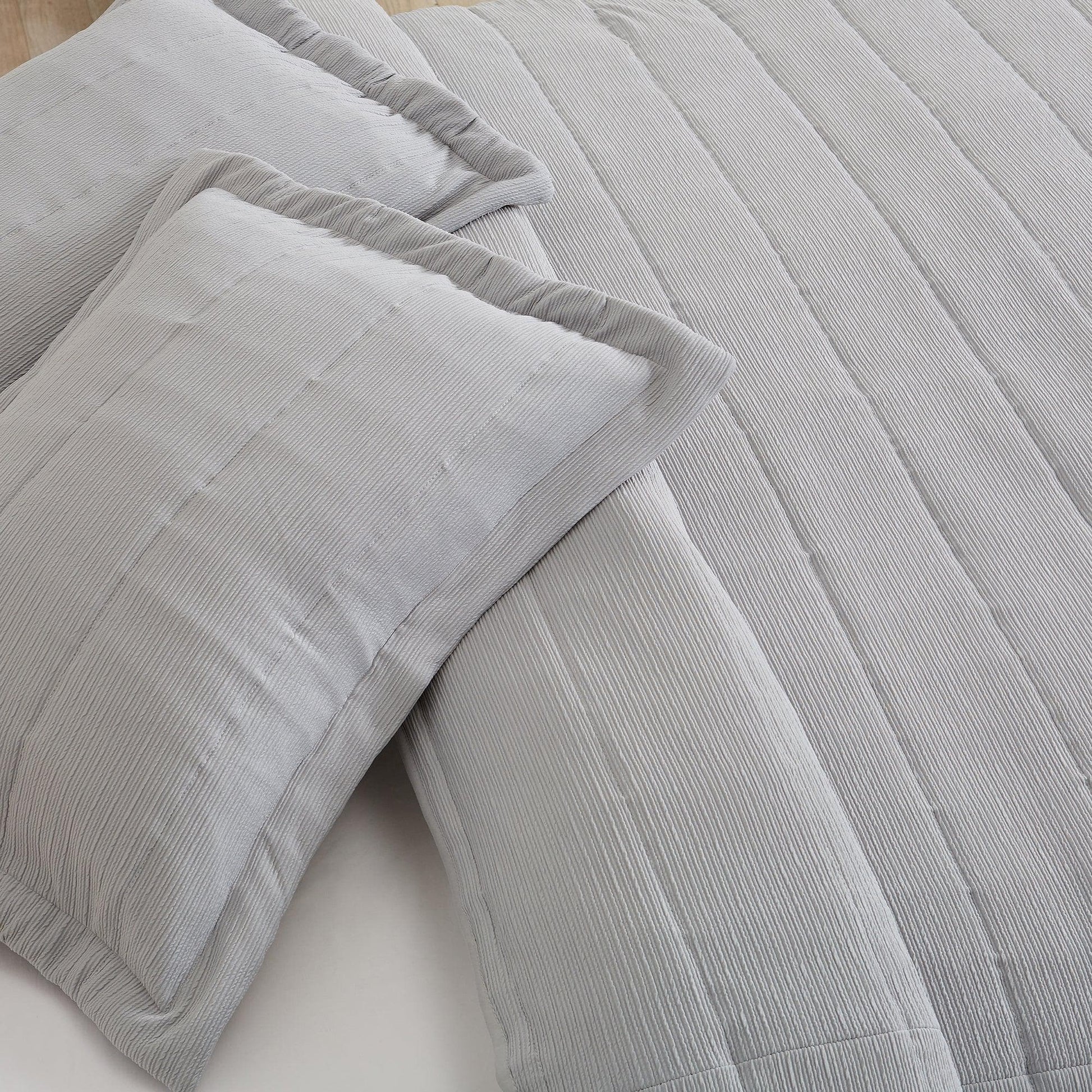 Coastal & Nautical Textured Striped Quilt Set - White, Light Grey & Navy - Quahog Bay Bedding