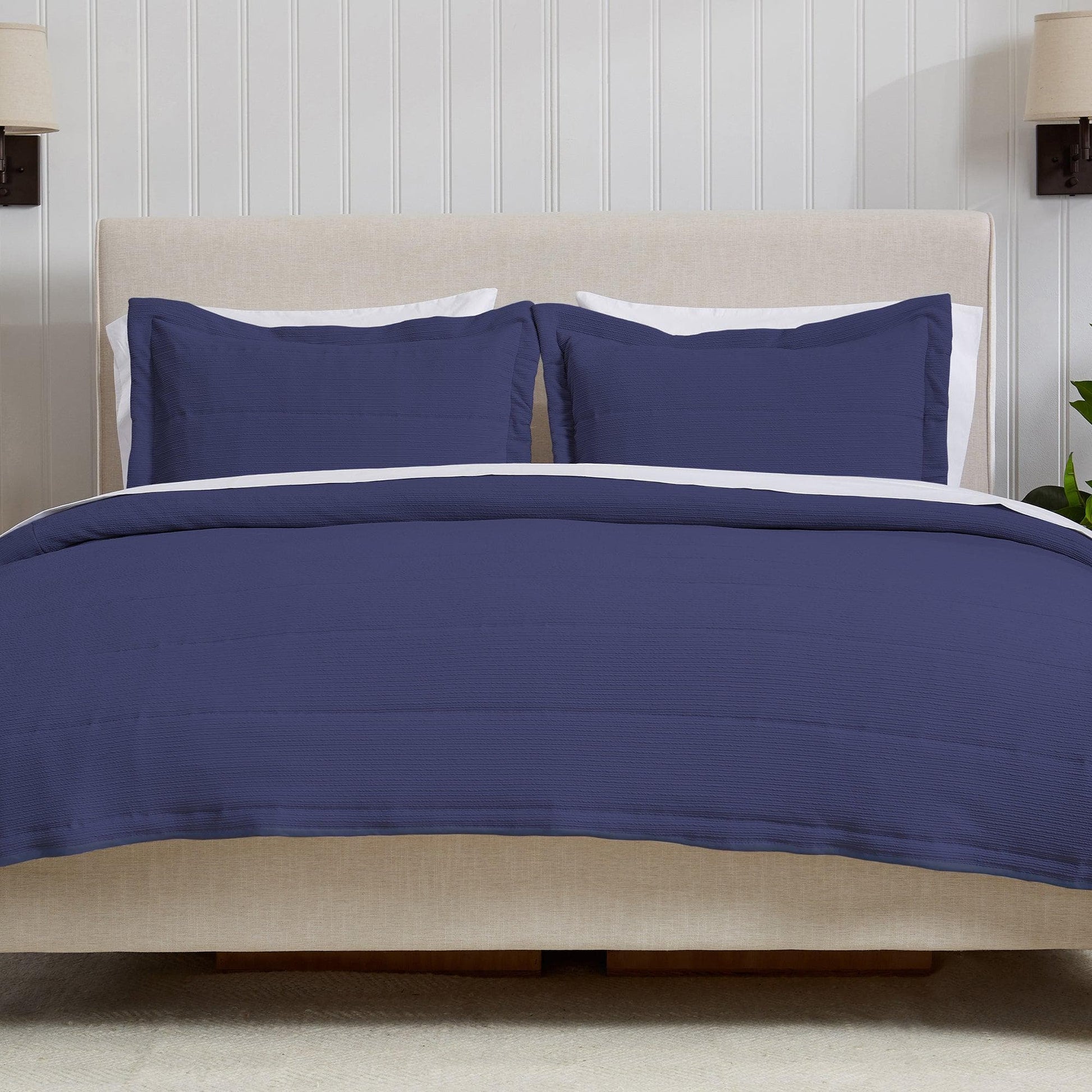 Coastal & Nautical Textured Striped Quilt Set - White, Light Grey & Navy - Quahog Bay Bedding