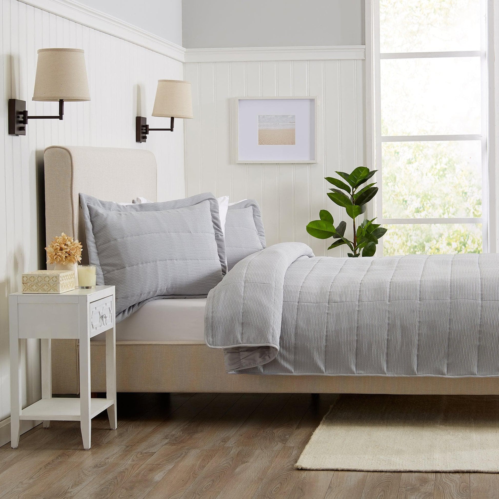 Coastal & Nautical Textured Striped Quilt Set - White, Light Grey & Navy - Quahog Bay Bedding