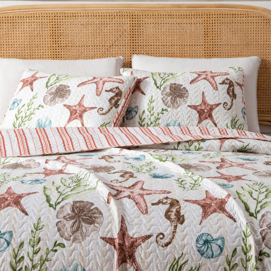 Coastal Quilt Set - Coral, Seahorse & Starfish Themed Quilt - Quahog Bay Bedding
