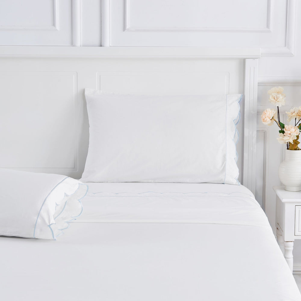 Coastal Scalloped Edge Embroidered 300TC Cotton Percale Sheet Set - Quahog Bay Bedding