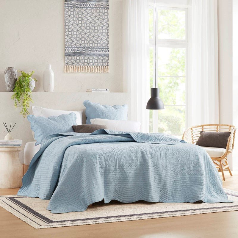Coastal Scalloped Edge Quilt Set 3PC - Blue - Quahog Bay Bedding