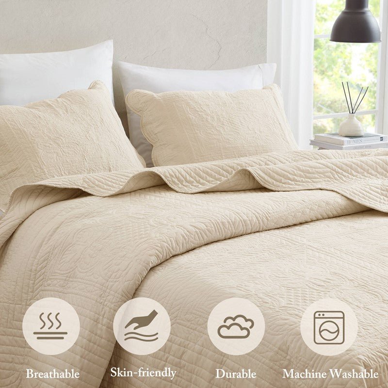 Coastal Scalloped Edge Quilt Set 3PC - Cream - Quahog Bay Bedding