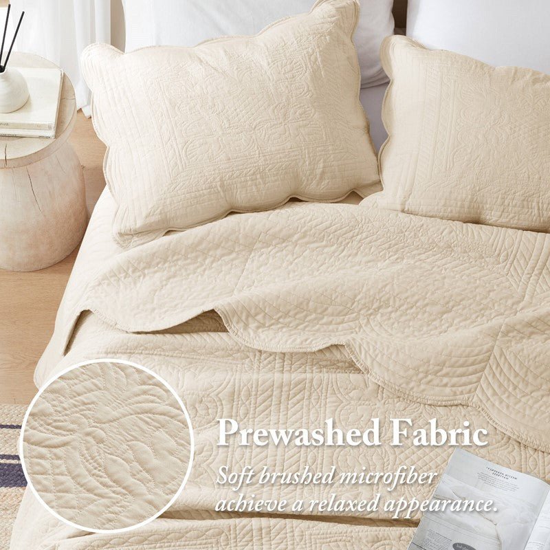 Coastal Scalloped Edge Quilt Set 3PC - Cream - Quahog Bay Bedding