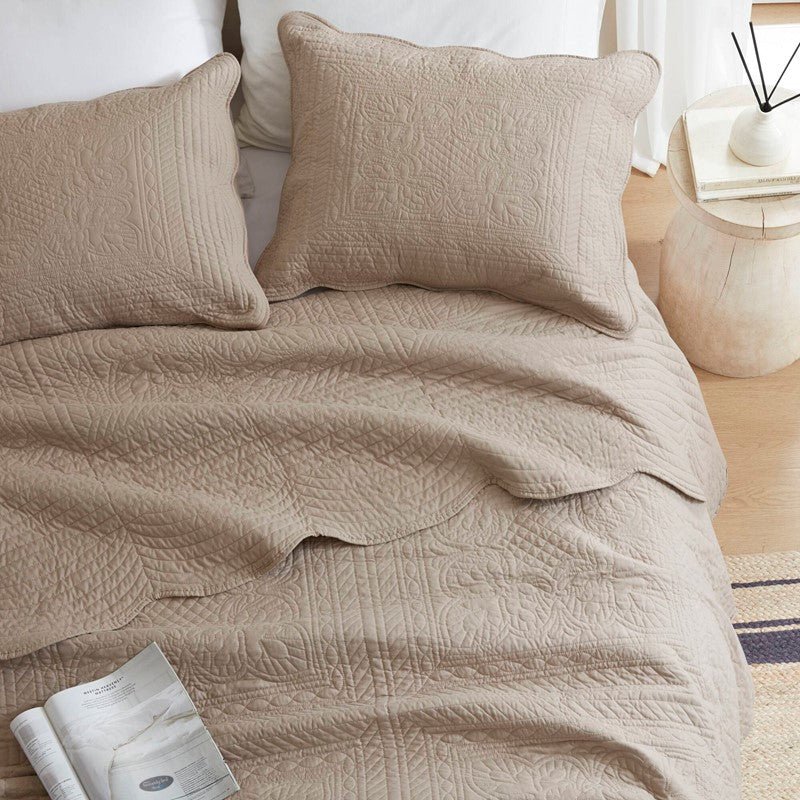 Coastal Scalloped Edge Quilt Set 3PC - Khaki - Quahog Bay Bedding