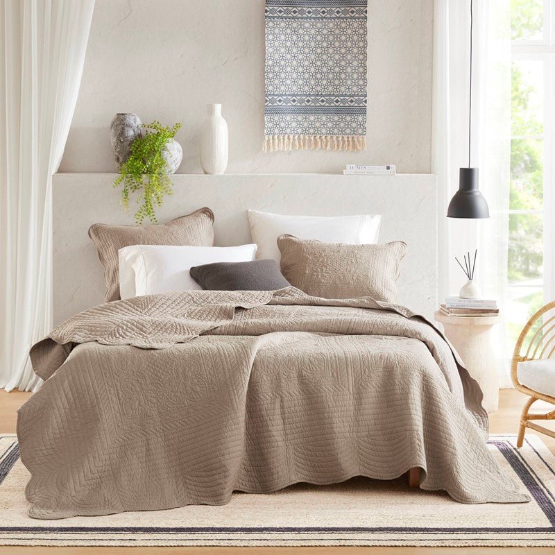 Coastal Scalloped Edge Quilt Set 3PC - Khaki - Quahog Bay Bedding