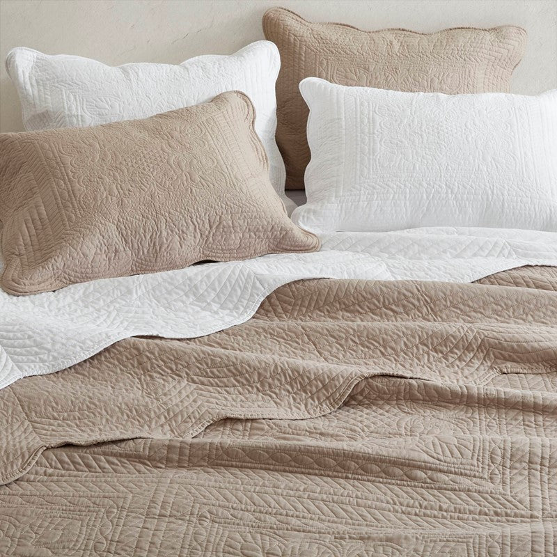 Coastal Scalloped Edge Quilt Set 3PC - Khaki - Quahog Bay Bedding