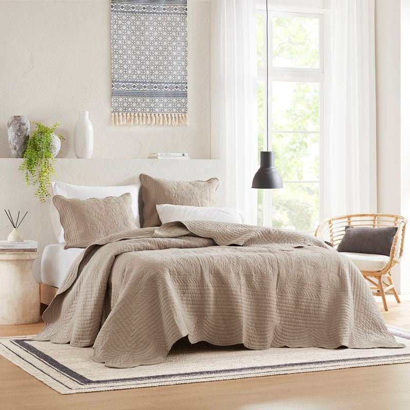 Coastal Scalloped Edge Quilt Set 3PC - Khaki - Quahog Bay Bedding