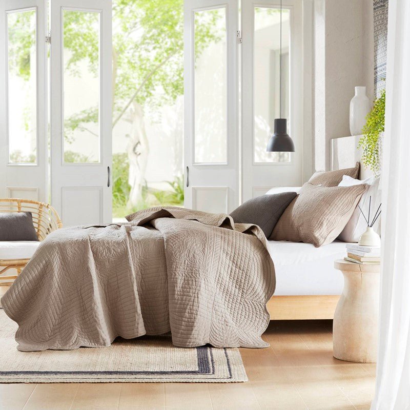 Coastal Scalloped Edge Quilt Set 3PC - Khaki - Quahog Bay Bedding