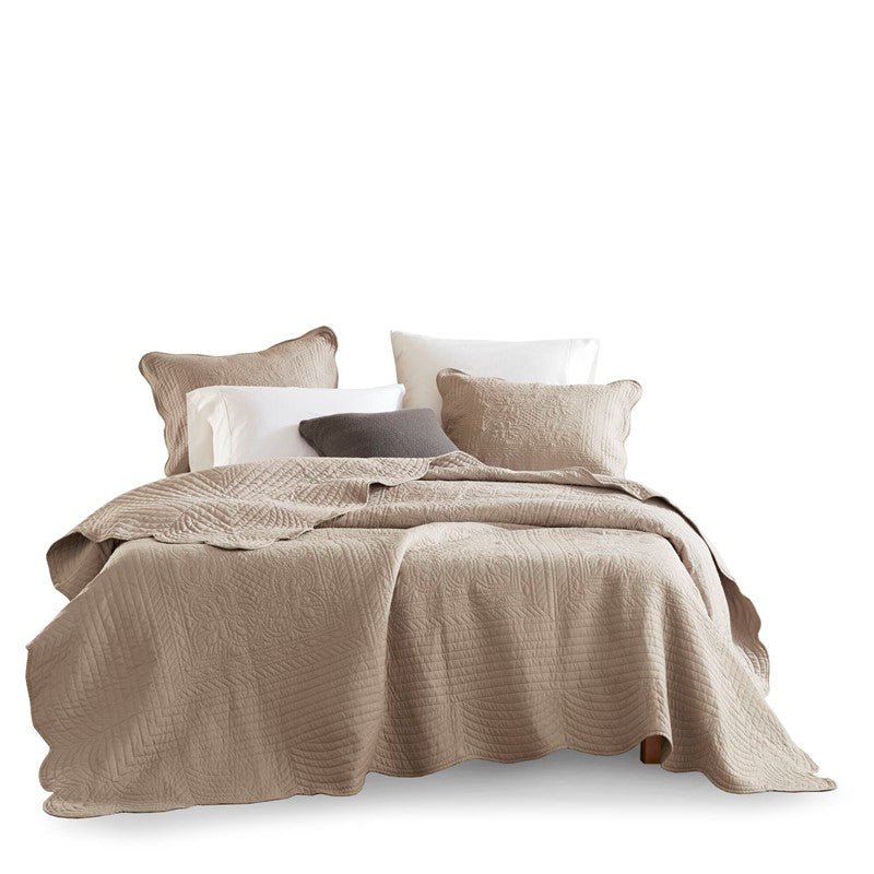 Coastal Scalloped Edge Quilt Set 3PC - Khaki - Quahog Bay Bedding