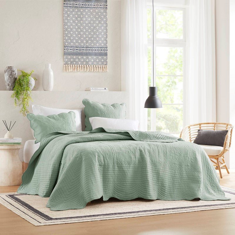 Coastal Scalloped Edge Quilt Set 3PC - Seafoam - Quahog Bay Bedding