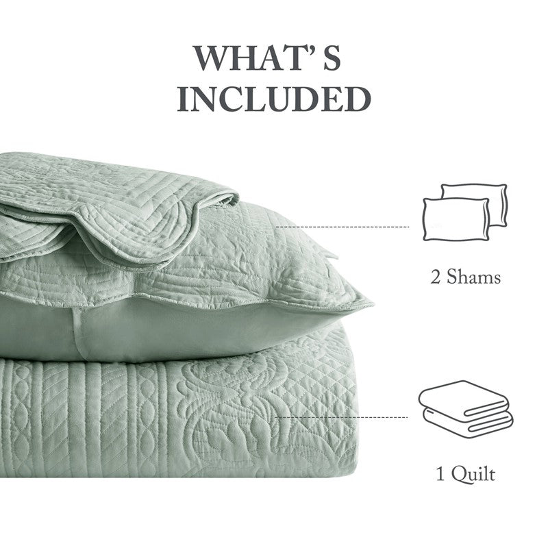 Coastal Scalloped Edge Quilt Set 3PC - Seafoam - Quahog Bay Bedding
