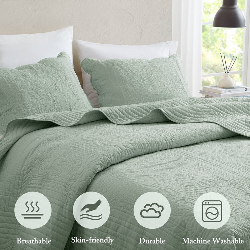 Coastal Scalloped Edge Quilt Set 3PC - Seafoam - Quahog Bay Bedding